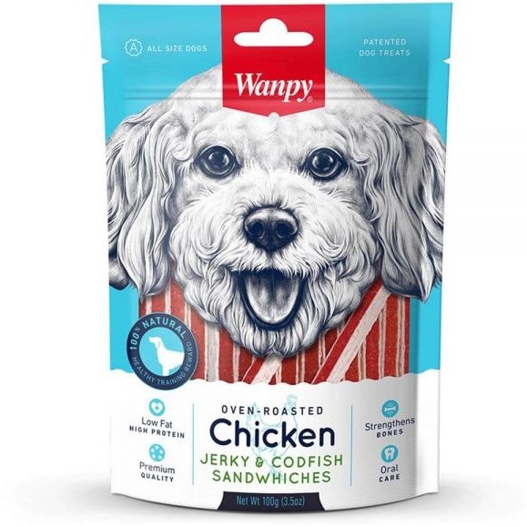 تشویقی سگ ونپی مدل chiken jerky & codfish sandwhiches طعم مرغ وزن 100 گرم