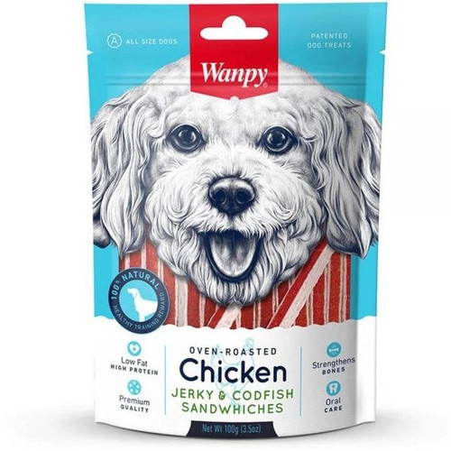 تشویقی سگ ونپی مدل chiken jerky & codfish sandwhiches طعم مرغ وزن 100 گرم